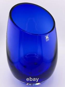 Stunning Magnor of Norway Cobalt Blue hand blown Art glass Vase 9 slanted top