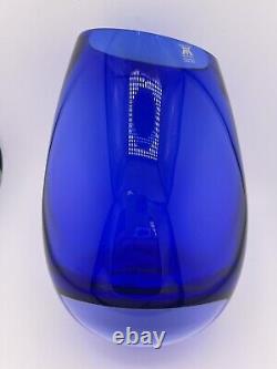 Stunning Magnor of Norway Cobalt Blue hand blown Art glass Vase 9 slanted top