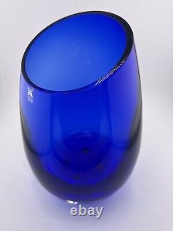 Stunning Magnor of Norway Cobalt Blue hand blown Art glass Vase 9 slanted top