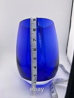 Stunning Magnor of Norway Cobalt Blue hand blown Art glass Vase 9 slanted top