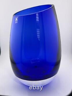 Stunning Magnor of Norway Cobalt Blue hand blown Art glass Vase 9 slanted top