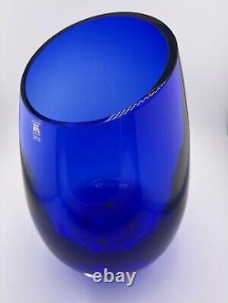 Stunning Magnor of Norway Cobalt Blue hand blown Art glass Vase 9 slanted top