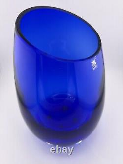 Stunning Magnor of Norway Cobalt Blue hand blown Art glass Vase 9 slanted top