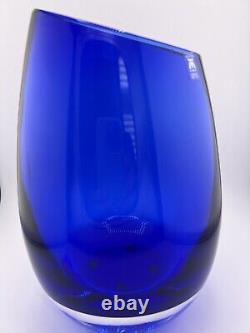 Stunning Magnor of Norway Cobalt Blue hand blown Art glass Vase 9 slanted top