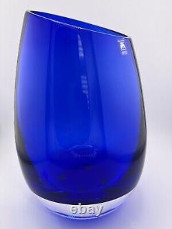 Stunning Magnor of Norway Cobalt Blue hand blown Art glass Vase 9 slanted top