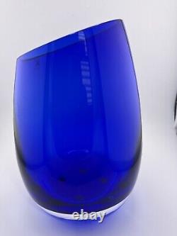 Stunning Magnor of Norway Cobalt Blue hand blown Art glass Vase 9 slanted top