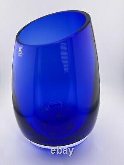 Stunning Magnor of Norway Cobalt Blue hand blown Art glass Vase 9 slanted top