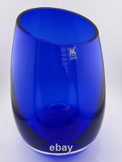 Stunning Magnor of Norway Cobalt Blue hand blown Art glass Vase 9 slanted top