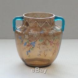 Stunning Moser Topaz Glass Vase, Blue Glass Handles Floral Enamel Decorated