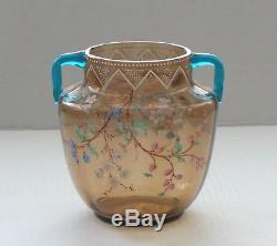 Stunning Moser Topaz Glass Vase, Blue Glass Handles Floral Enamel Decorated