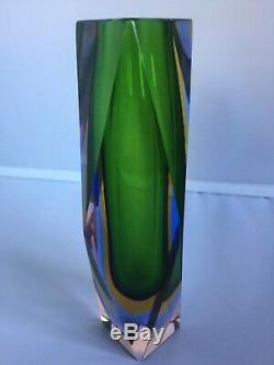 Stunning Murano 3 x Sommerso Faceted Vase In Green, Yellow and Blue in Clear