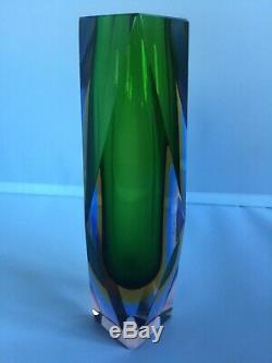 Stunning Murano 3 x Sommerso Faceted Vase In Green, Yellow and Blue in Clear