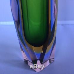Stunning Murano 3 x Sommerso Faceted Vase In Green, Yellow and Blue in Clear