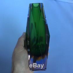 Stunning Murano 3 x Sommerso Faceted Vase In Green, Yellow and Blue in Clear