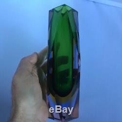 Stunning Murano 3 x Sommerso Faceted Vase In Green, Yellow and Blue in Clear