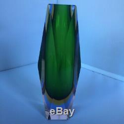 Stunning Murano 3 x Sommerso Faceted Vase In Green, Yellow and Blue in Clear