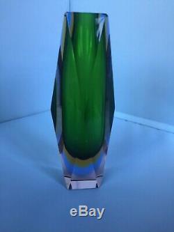 Stunning Murano 3 x Sommerso Faceted Vase In Green, Yellow and Blue in Clear