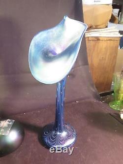 Stunning Orient & Flume BLUE AURENE PULLED FEATHER 13 Jack in Pulpit Vase 1982