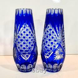 Stunning Pair Vintage Bohemian Crystal Cobalt Blue Cut To Clear Glass Vases 9