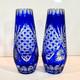 Stunning Pair Vintage Bohemian Crystal Cobalt Blue Cut To Clear Glass Vases 9