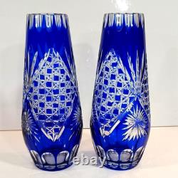 Stunning Pair Vintage Bohemian Crystal Cobalt Blue Cut To Clear Glass Vases 9