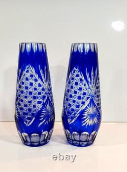 Stunning Pair Vintage Bohemian Crystal Cobalt Blue Cut To Clear Glass Vases 9