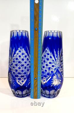 Stunning Pair Vintage Bohemian Crystal Cobalt Blue Cut To Clear Glass Vases 9