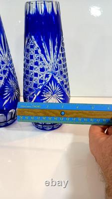 Stunning Pair Vintage Bohemian Crystal Cobalt Blue Cut To Clear Glass Vases 9