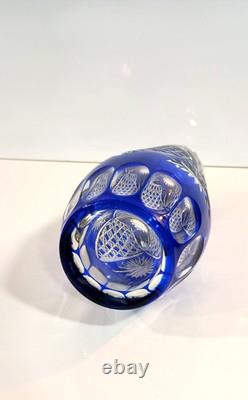 Stunning Pair Vintage Bohemian Crystal Cobalt Blue Cut To Clear Glass Vases 9
