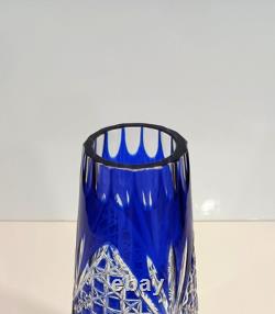 Stunning Pair Vintage Bohemian Crystal Cobalt Blue Cut To Clear Glass Vases 9