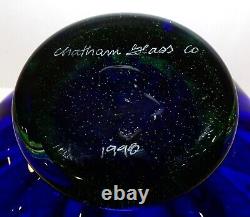 Stunning Signed 1998 Chatham Art Glass Blue With Green Base & Rim 8 5/8 Vase