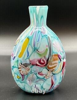 Stunning Teal Pink Yellow Ribbon Candy Style Millefiori 5.5 Art Glass Bud Vase