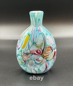 Stunning Teal Pink Yellow Ribbon Candy Style Millefiori 5.5 Art Glass Bud Vase