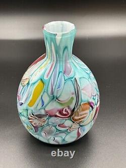 Stunning Teal Pink Yellow Ribbon Candy Style Millefiori 5.5 Art Glass Bud Vase