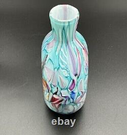 Stunning Teal Pink Yellow Ribbon Candy Style Millefiori 5.5 Art Glass Bud Vase