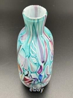 Stunning Teal Pink Yellow Ribbon Candy Style Millefiori 5.5 Art Glass Bud Vase