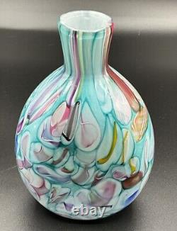 Stunning Teal Pink Yellow Ribbon Candy Style Millefiori 5.5 Art Glass Bud Vase