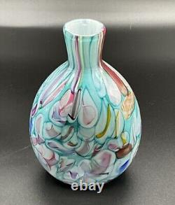 Stunning Teal Pink Yellow Ribbon Candy Style Millefiori 5.5 Art Glass Bud Vase