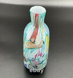 Stunning Teal Pink Yellow Ribbon Candy Style Millefiori 5.5 Art Glass Bud Vase