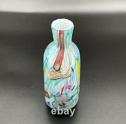 Stunning Teal Pink Yellow Ribbon Candy Style Millefiori 5.5 Art Glass Bud Vase