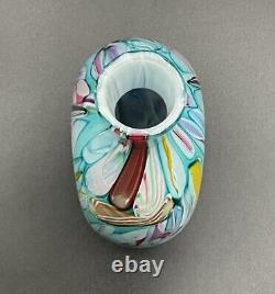 Stunning Teal Pink Yellow Ribbon Candy Style Millefiori 5.5 Art Glass Bud Vase