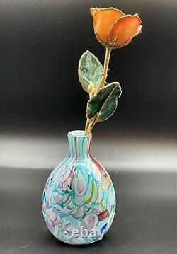 Stunning Teal Pink Yellow Ribbon Candy Style Millefiori 5.5 Art Glass Bud Vase