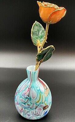 Stunning Teal Pink Yellow Ribbon Candy Style Millefiori 5.5 Art Glass Bud Vase