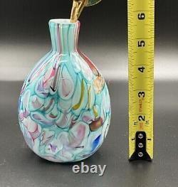 Stunning Teal Pink Yellow Ribbon Candy Style Millefiori 5.5 Art Glass Bud Vase