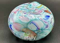 Stunning Teal Pink Yellow Ribbon Candy Style Millefiori 5.5 Art Glass Bud Vase