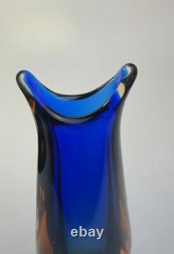 Stunning Vintage 60s Italian Murano Art Glass Fishtail Vase Rich Blue Sommerso