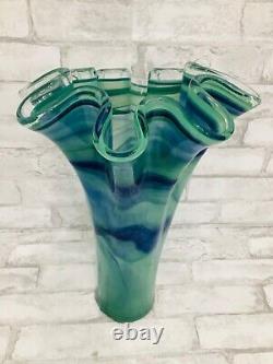 Stunning! Vintage Art Glass Vase Ruffle Large 17 Blue & Green Swirl Italy