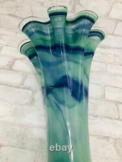 Stunning! Vintage Art Glass Vase Ruffle Large 17 Blue & Green Swirl Italy