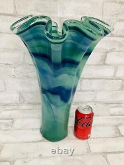 Stunning! Vintage Art Glass Vase Ruffle Large 17 Blue & Green Swirl Italy