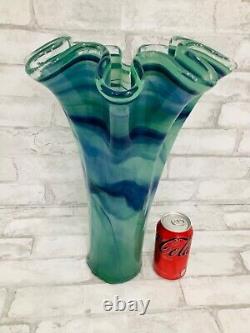 Stunning! Vintage Art Glass Vase Ruffle Large 17 Blue & Green Swirl Italy